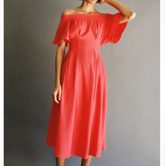 Zara Flowy Flutter Sleeve Linen Blend Midi Knee Length Dress, Coral Red, Size L - Picture 3 of 11